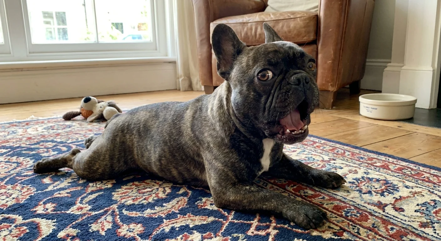 A French Bulldog doing a 'frog dog' sit on a colorful rug in a bright living room.