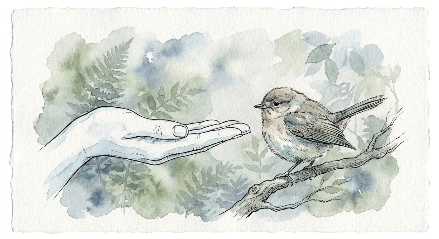 A gentle watercolor illustration of a hand held near a bird, symbolizing respect and careful observation of animal emotions.