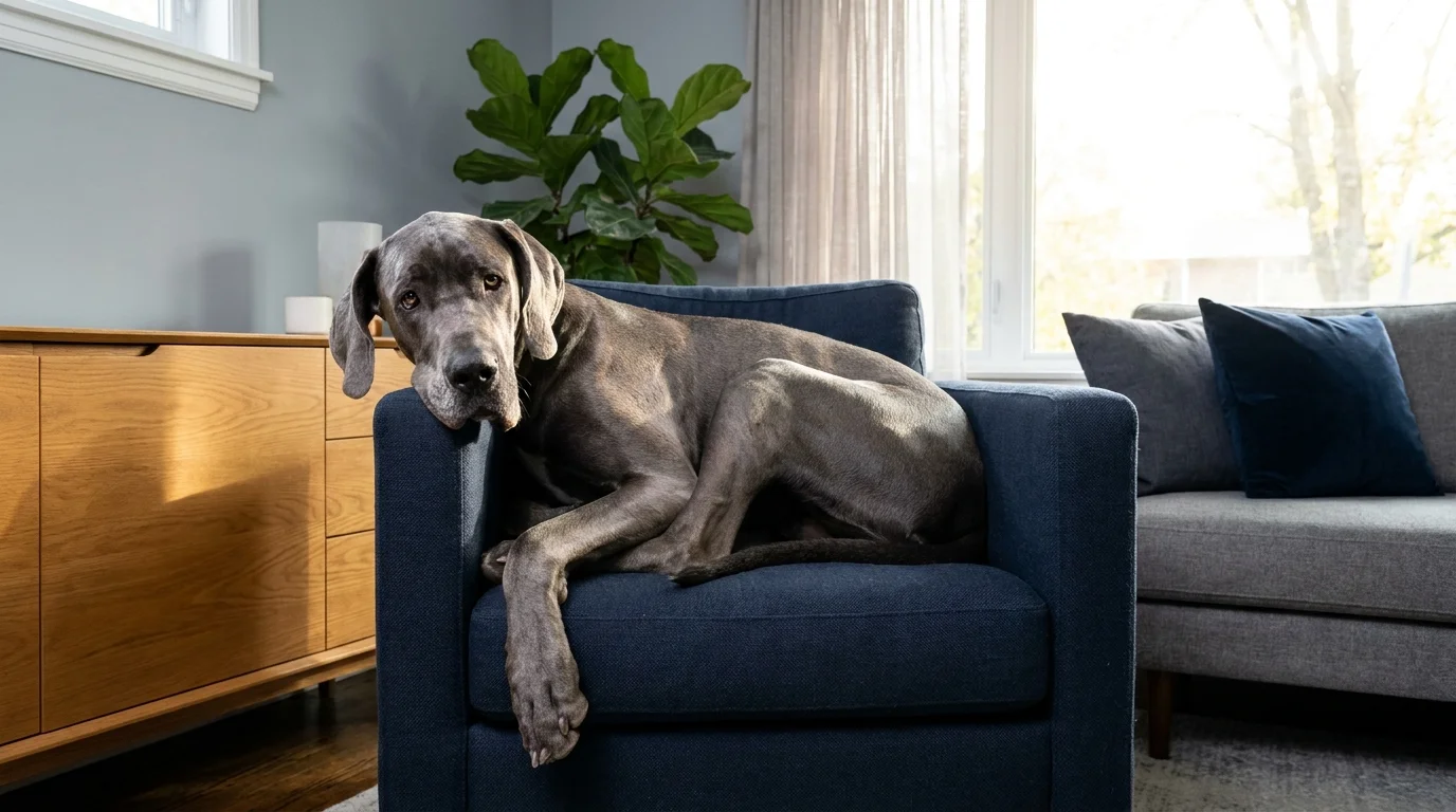 A giant blue-gray Great Dane curled up on a living room armchair that is clearly too small for it.