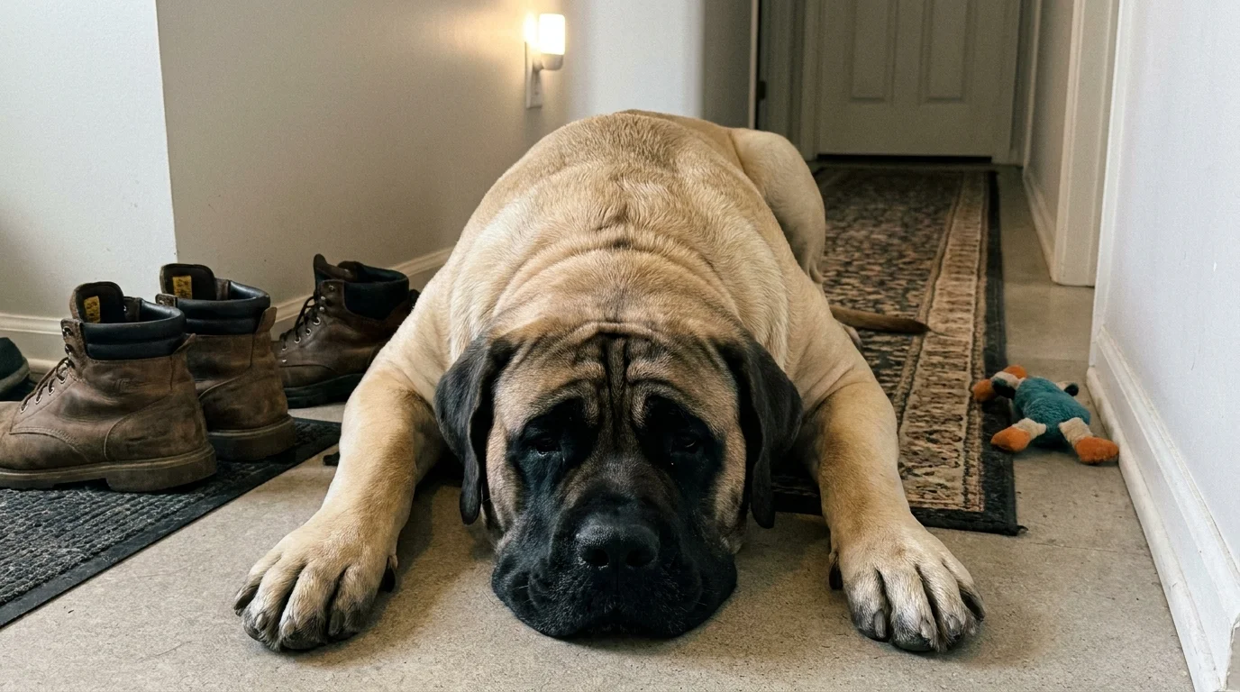 A giant fawn-colored Mastiff lying down and taking up the entire width of a house hallway.
