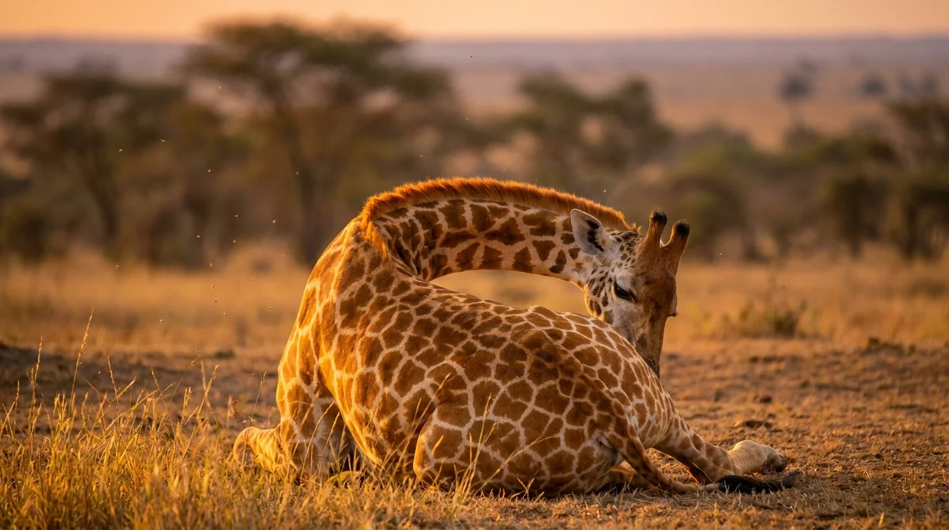 A giraffe curled up on the ground with its head resting on its back, sleeping in the golden evening light.