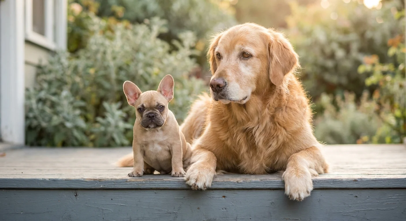 A Golden Retriever and a French Bulldog puppy sitting on a wooden porch in soft sunset light.