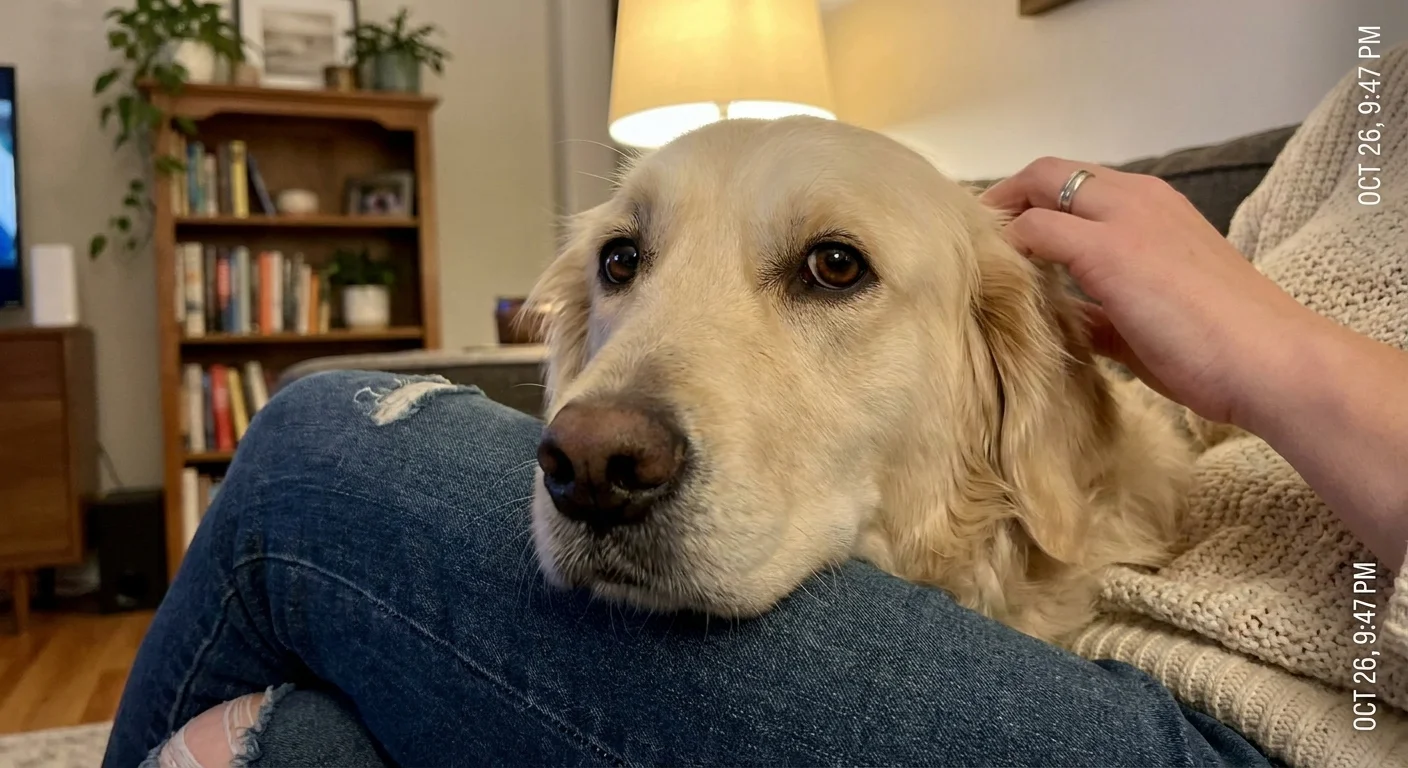 A Golden Retriever resting its head on a person's lap with a soulful, loving expression.