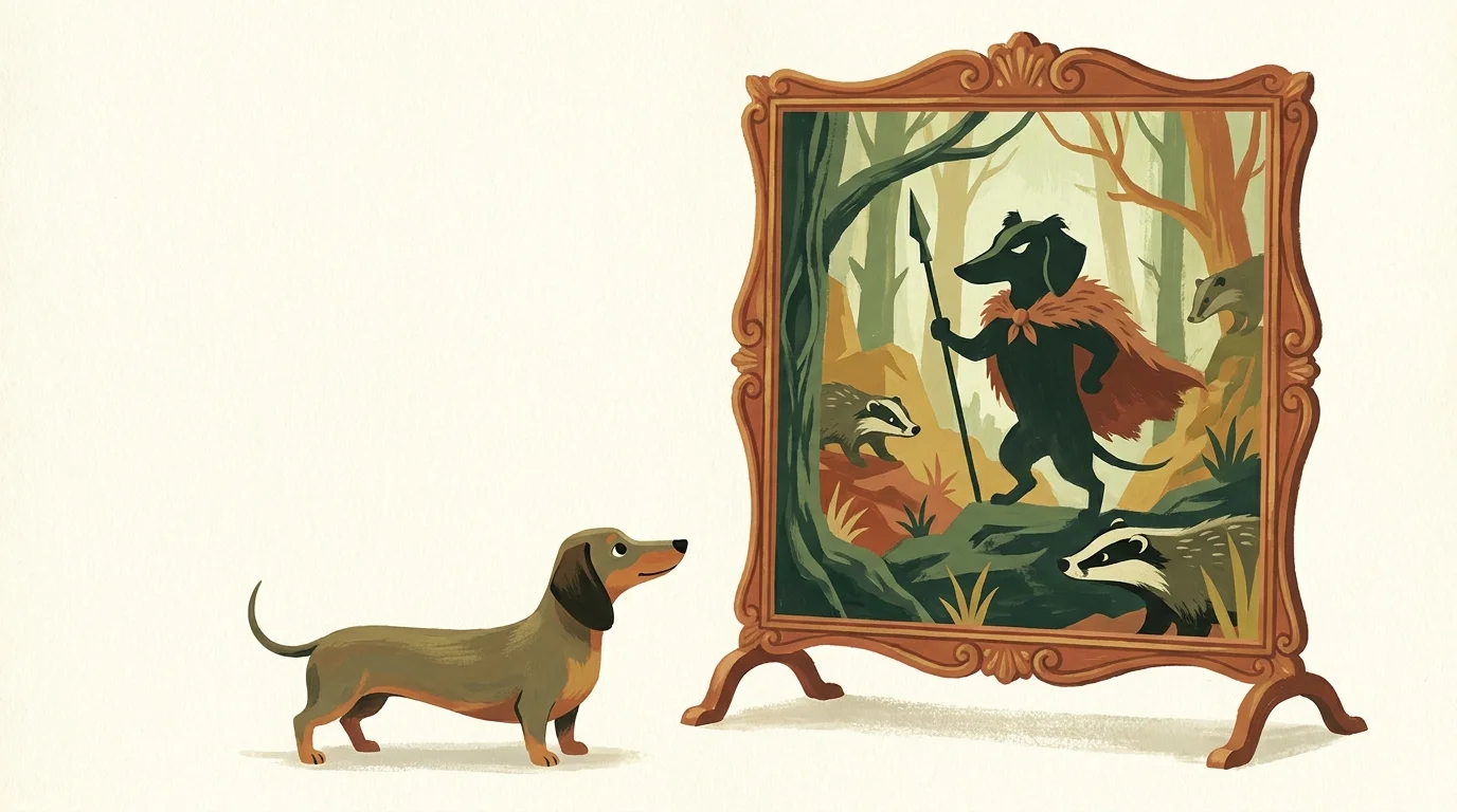 A gouache illustration of a Dachshund seeing its powerful hunter ancestor in a mirror reflection.
