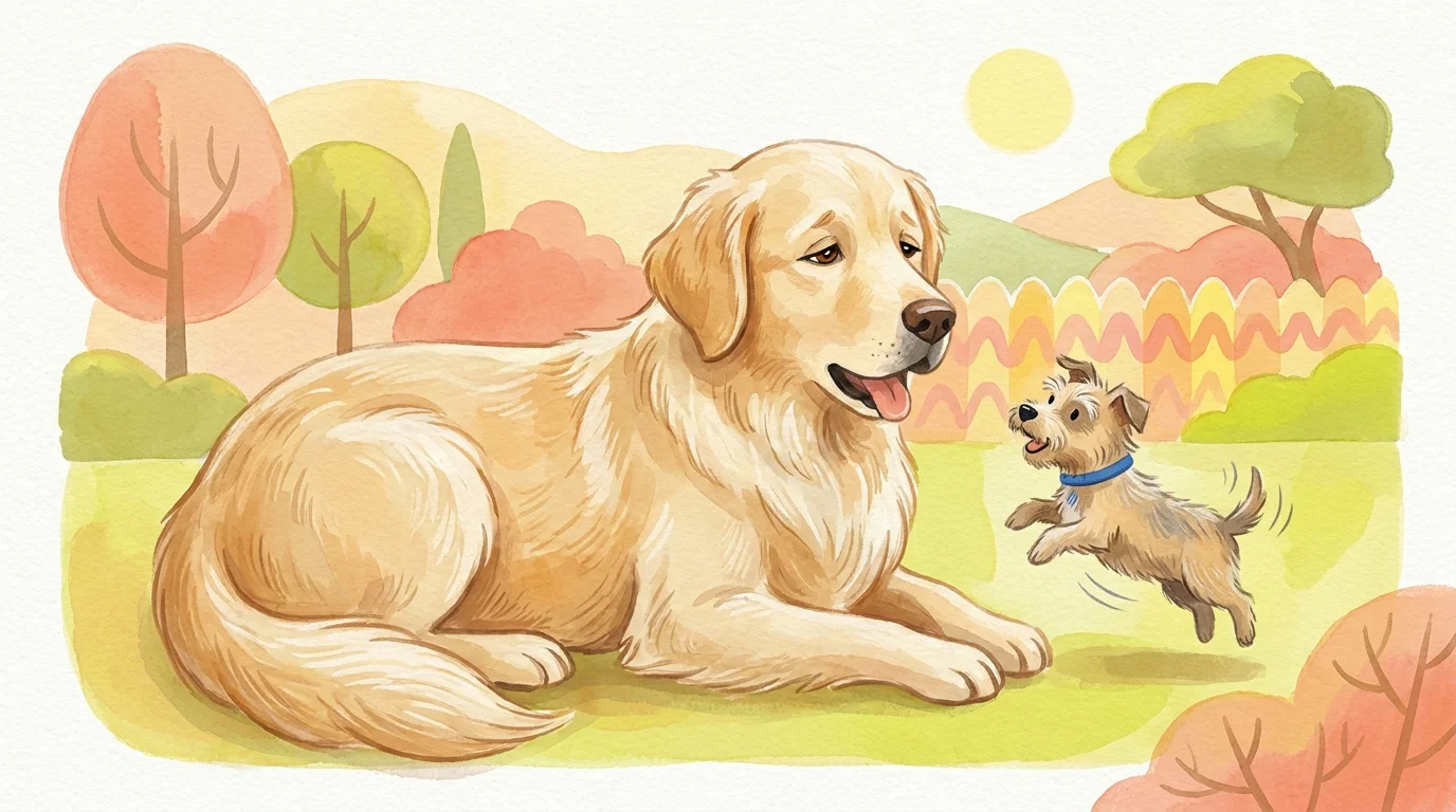 A gouache illustration of a Golden Retriever lying down and turning its head away to peacefully diffuse a playful dog's energy.