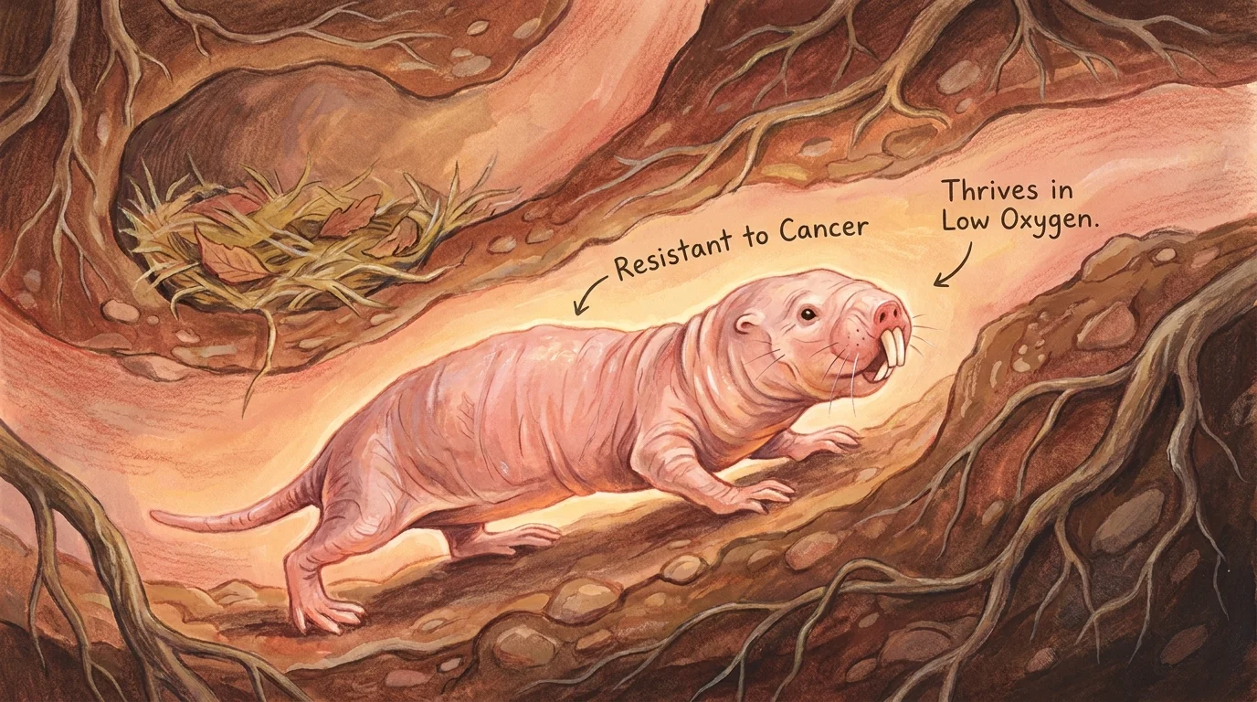 A gouache illustration of a naked mole-rat in its underground tunnel, with labels about its unique health traits.