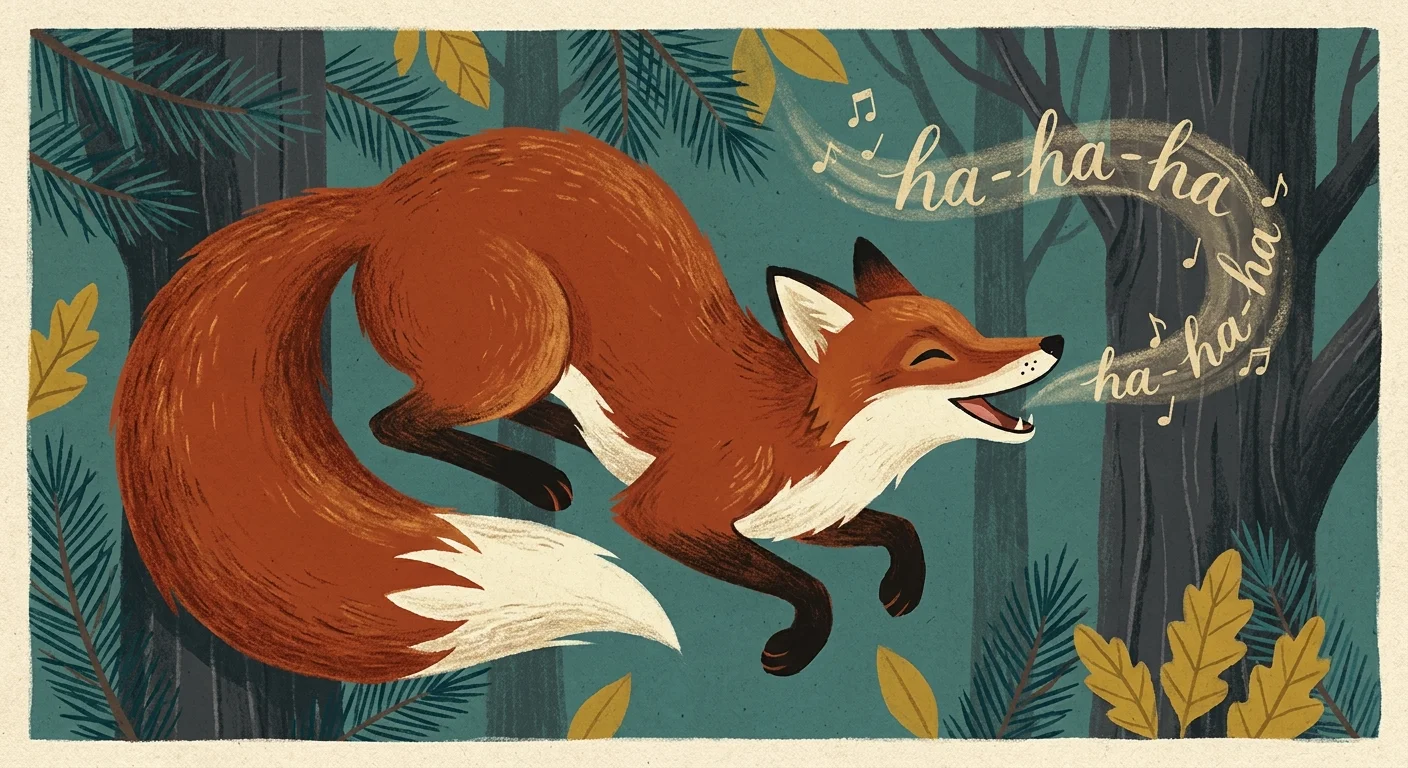 A gouache illustration of a red fox 'laughing' with stylized musical notes representing its vocalizations.