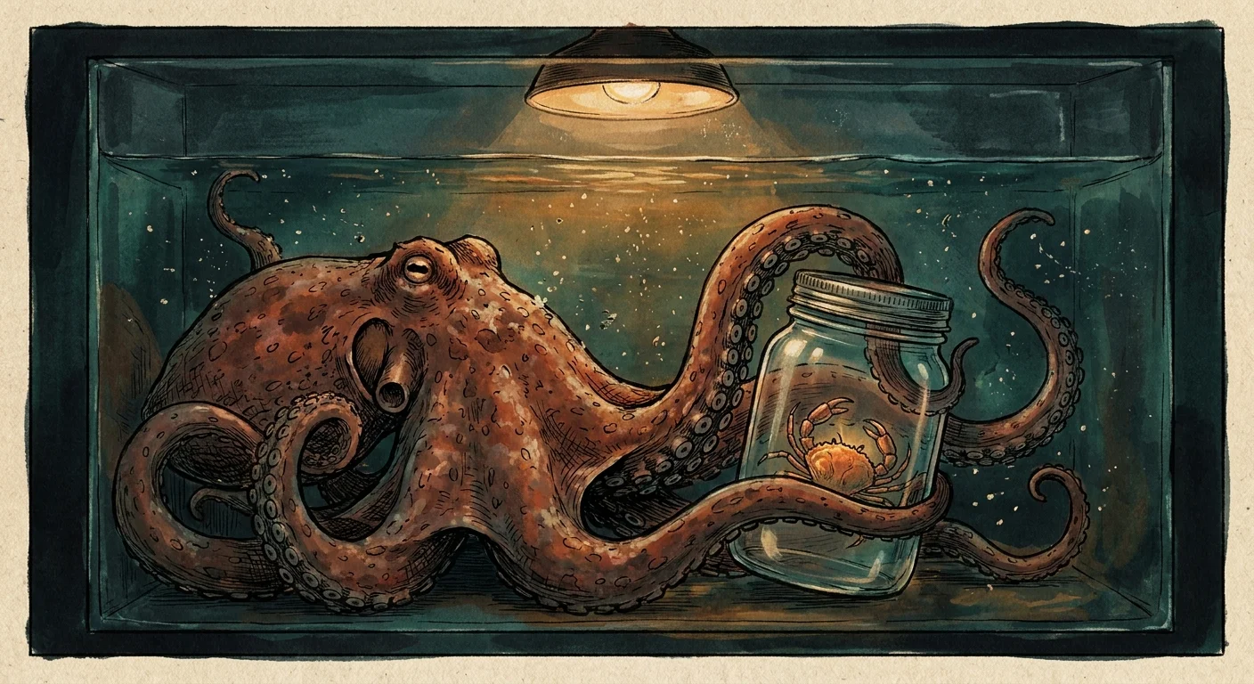 A gouache illustration of an octopus using its tentacles to try and open a glass jar containing a crab.