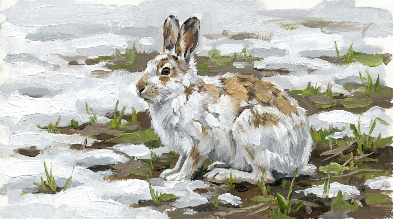 A gouache painting of a snowshoe hare with patchy white and brown fur in a melting snow field.