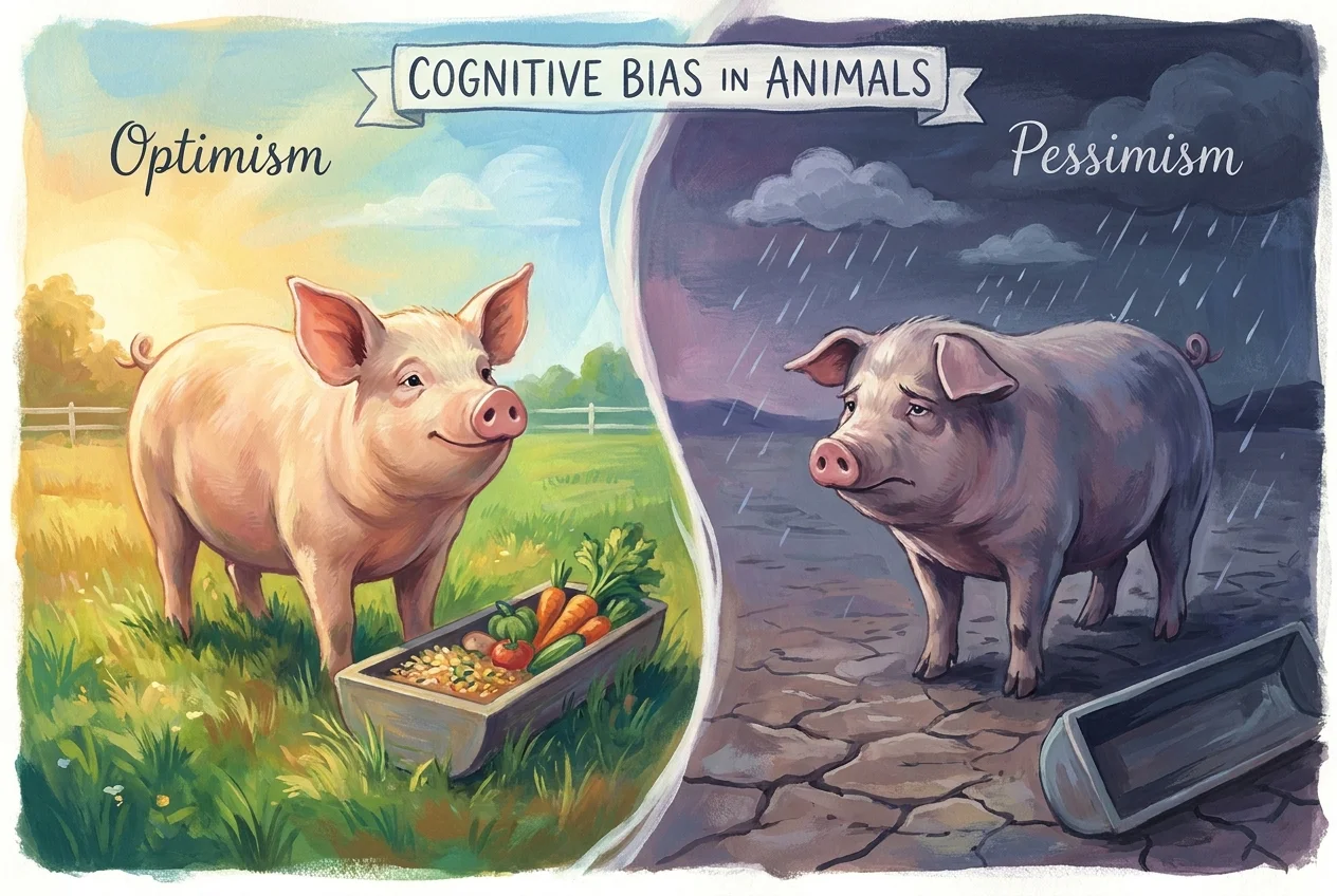 A gouache painting showing two sides of a pig's mood, one bright and optimistic and the other dark and pessimistic.