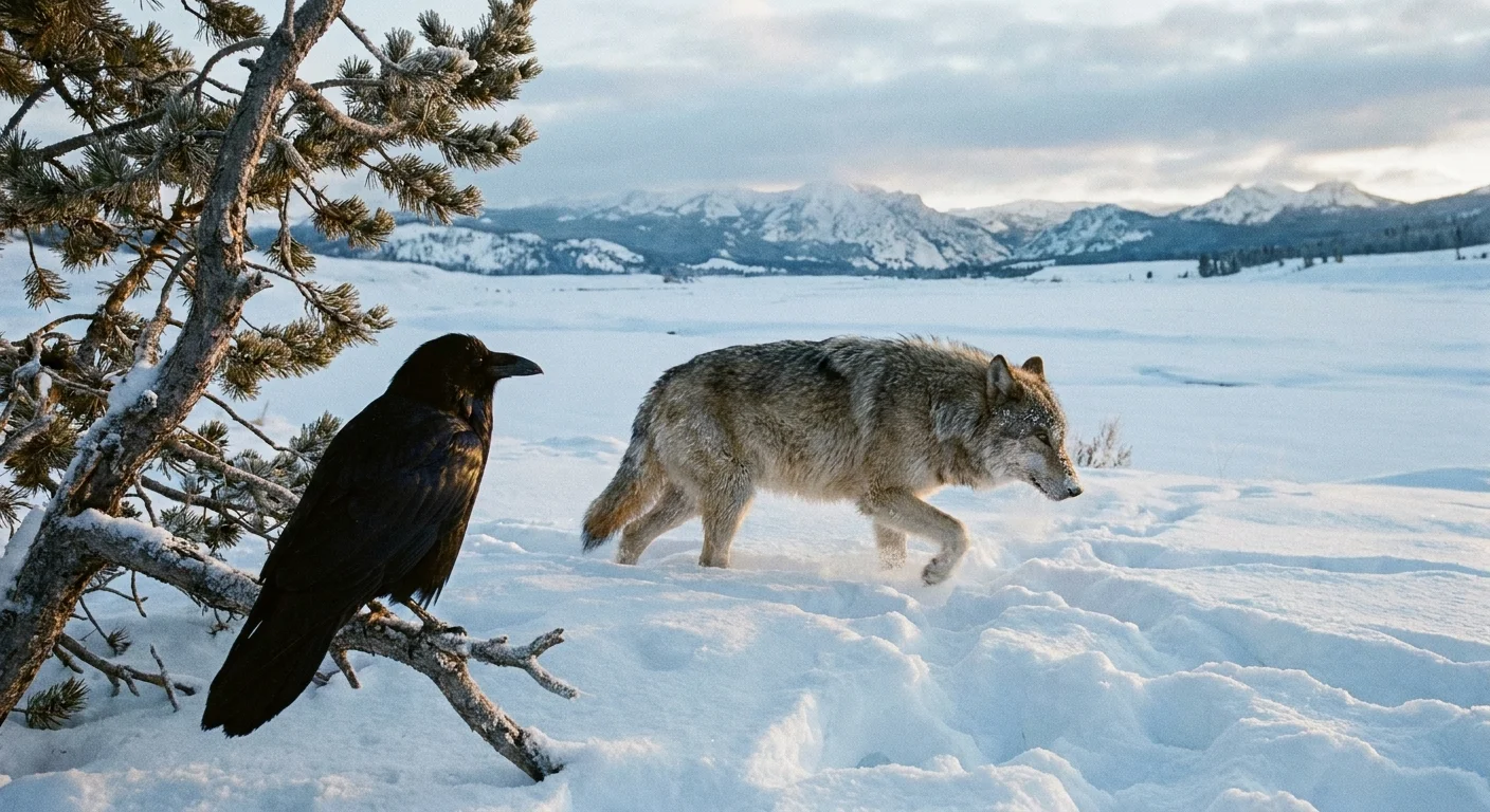 A gray wolf walks through snowy Yellowstone while a black raven watches from a frost-covered branch.