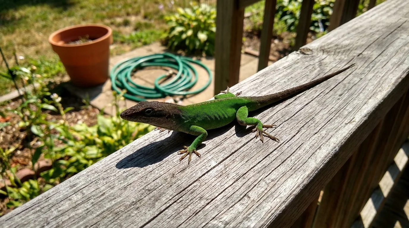 A Green Anole lizard on a wooden porch railing, partially green and partially brown.