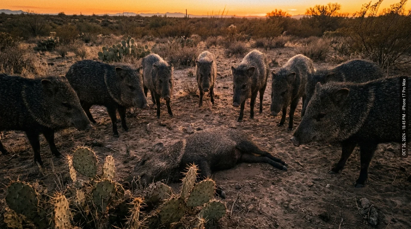 A group of peccaries stands in a somber circle around a fallen member of their group in a desert setting at sunset.