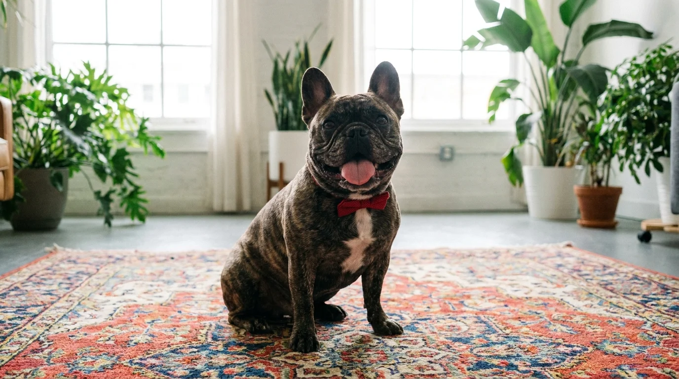 A happy brindle French Bulldog wearing a red bow tie sits on a colorful rug in a bright room.