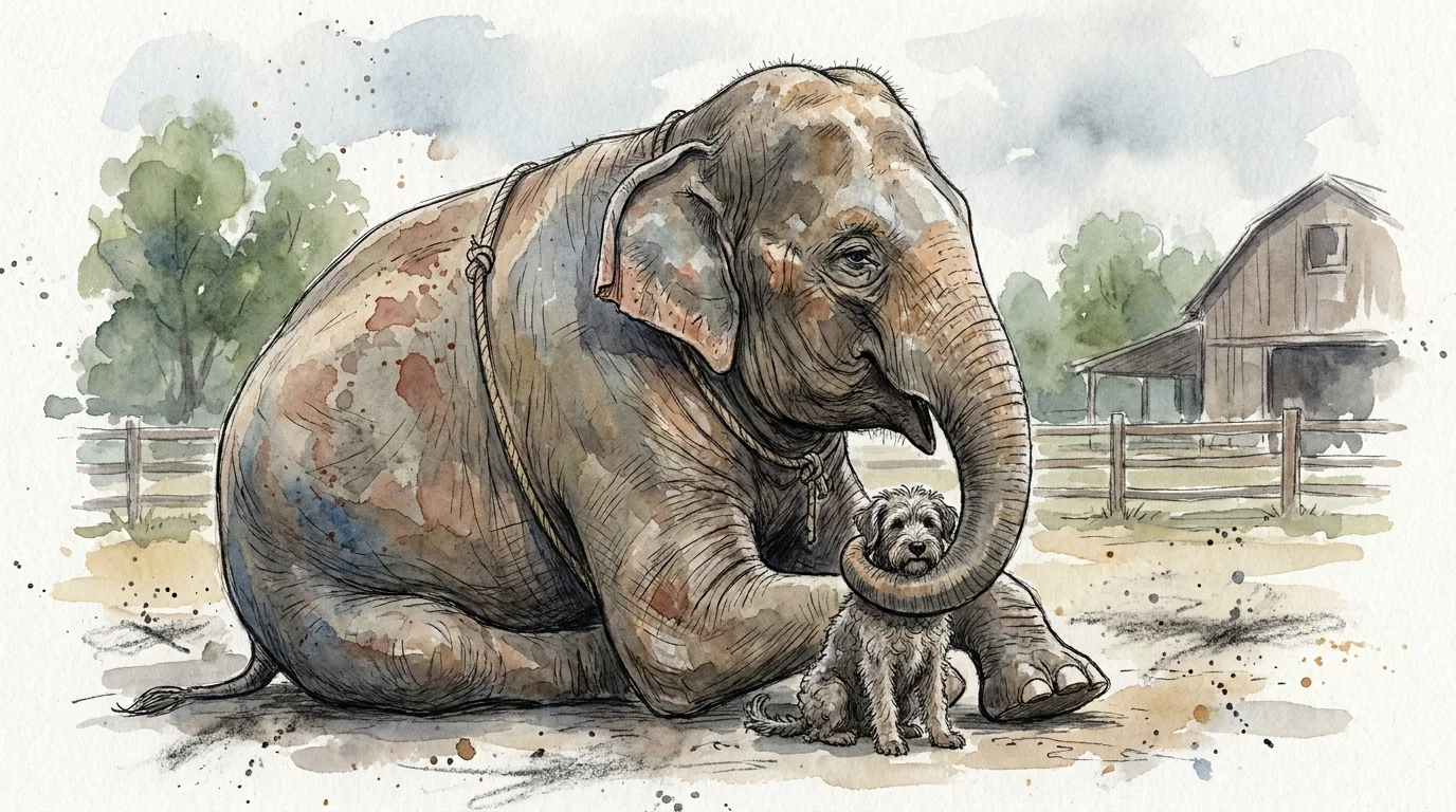 A heartwarming watercolor illustration of a large elephant gently touching a small dog with its trunk.