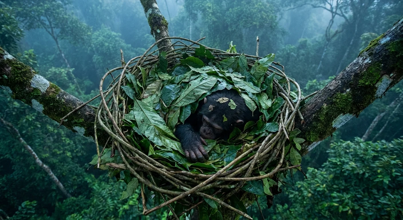 A high-angle view of a chimpanzee curled up inside a complex, woven nest of leaves and branches in a tree.