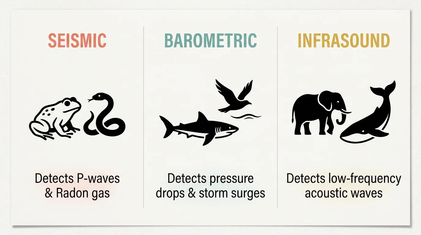 A horizontal infographic categorizing animal warning systems into Seismic, Barometric, and Infrasound categories with animal icons.