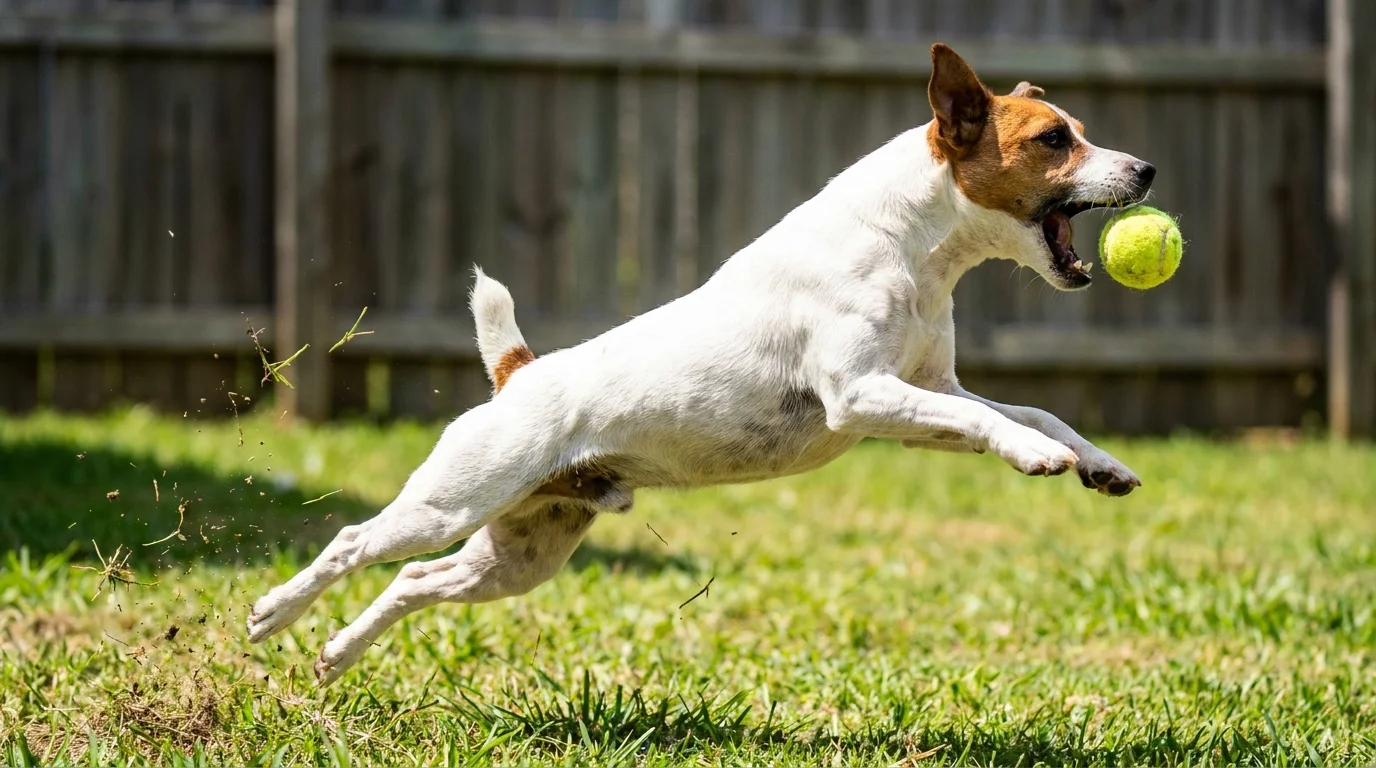 A Jack Russell Terrier leaps high into the air to catch a tennis ball in a sunny backyard.