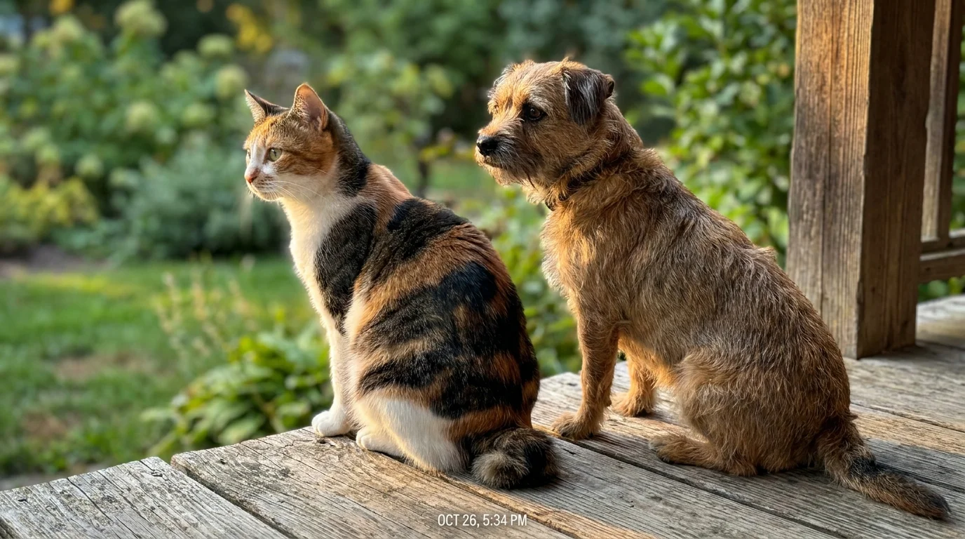 A Japanese Bobtail cat showing its short tail while sitting with a terrier on a wooden porch.