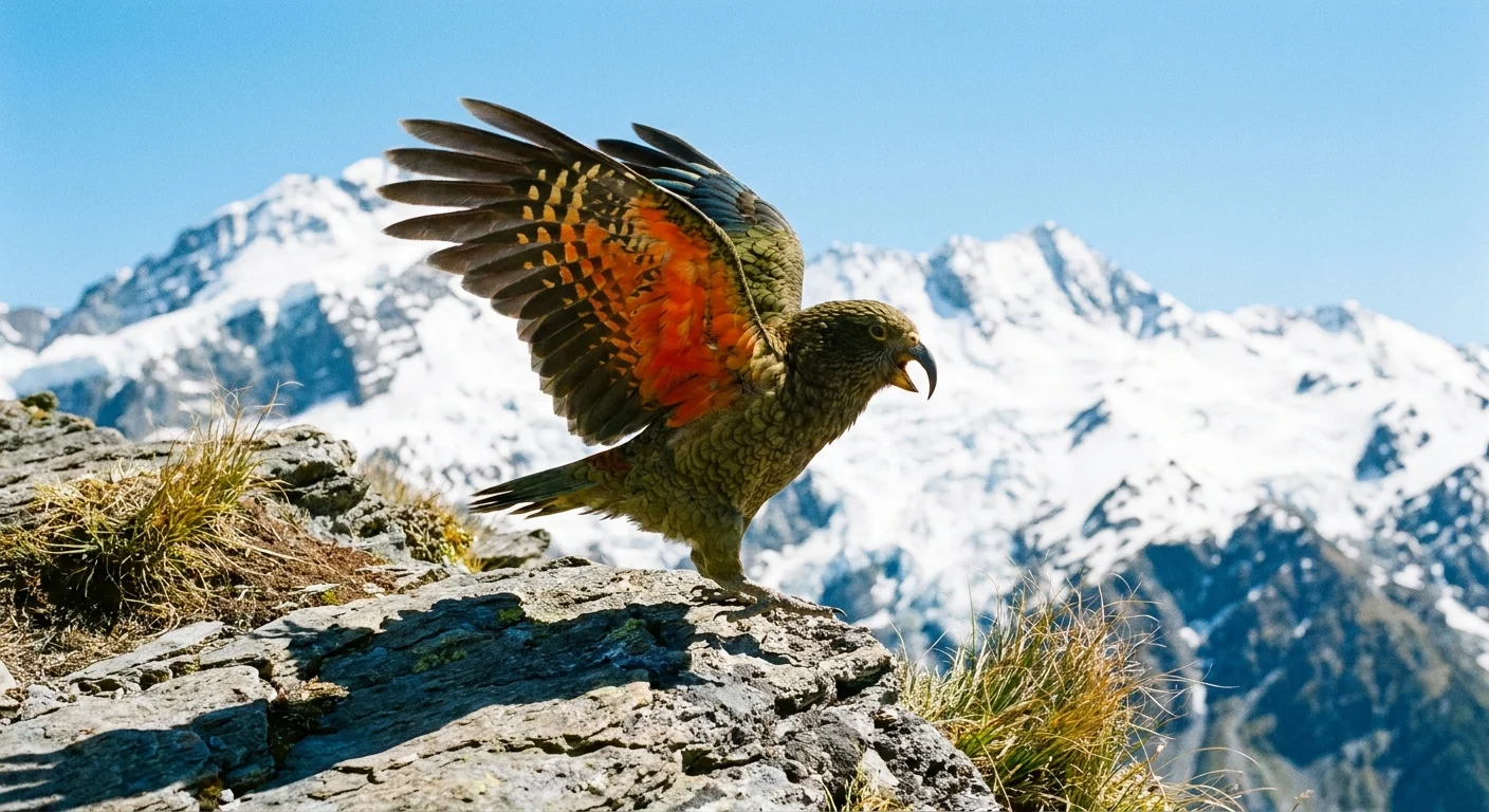 A Kea parrot hopping on a mountain rock, showing the bright orange feathers under its wings as it vocalizes.