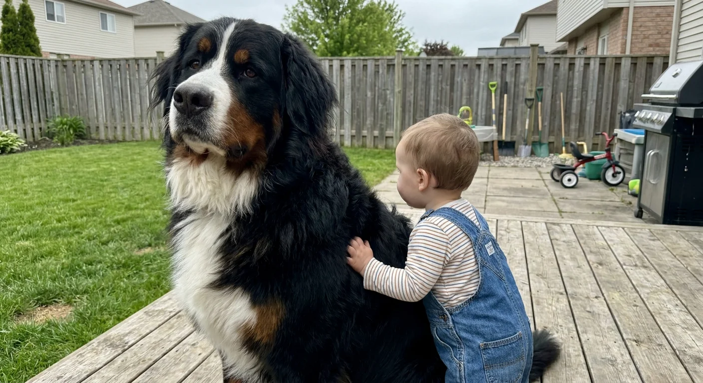 A large Bernese Mountain Dog sitting calmly next to a toddler in a grassy yard.