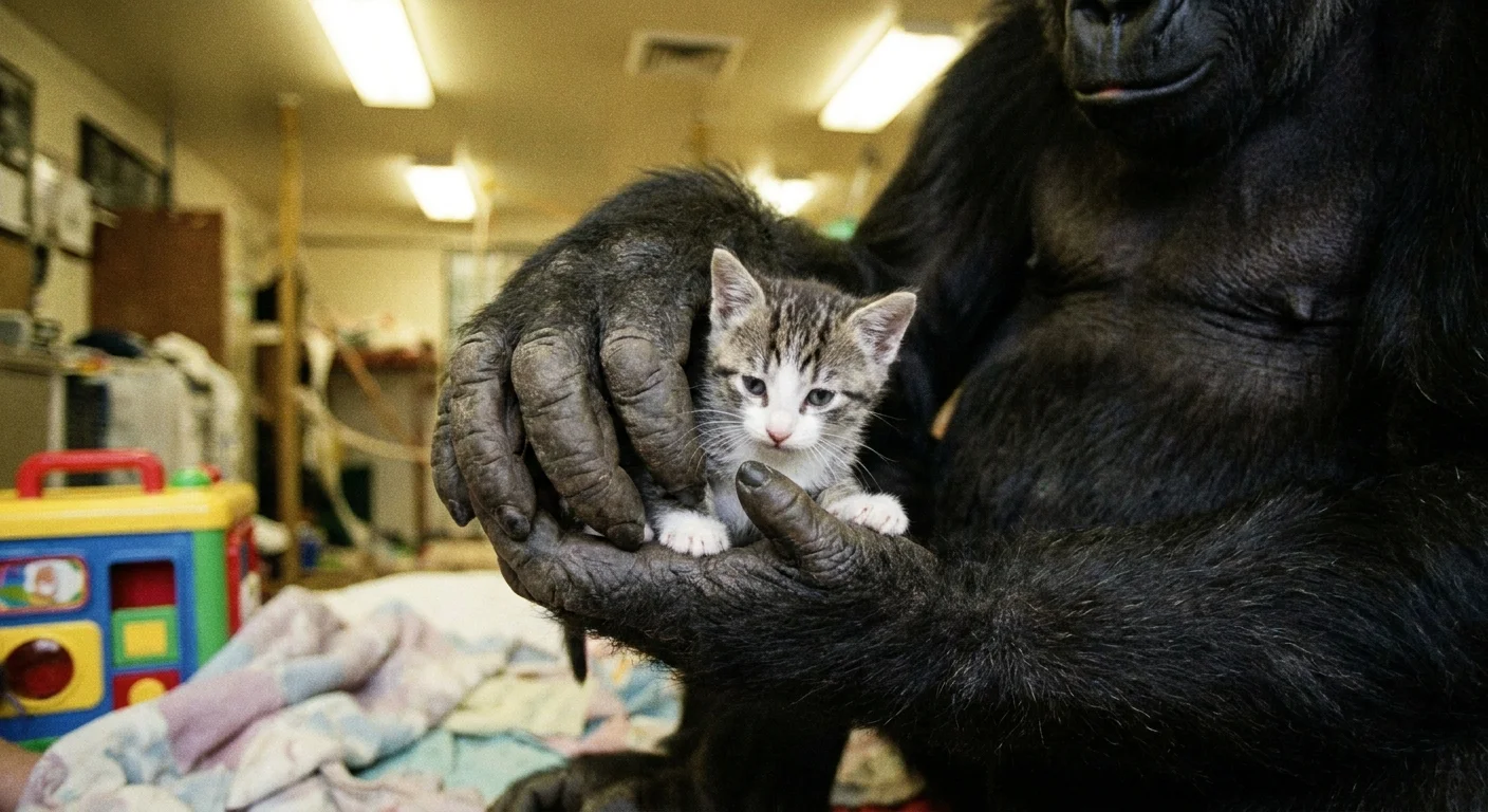 A large gorilla gently holding a tiny grey-and-white kitten in its massive hands.