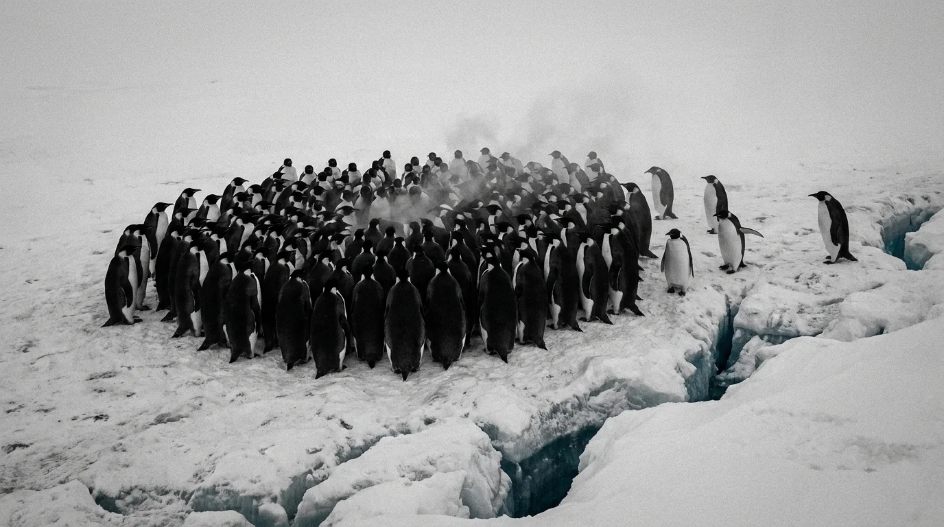 A large huddle of Emperor Penguins on the ice with steam rising from their collective body heat during a storm.