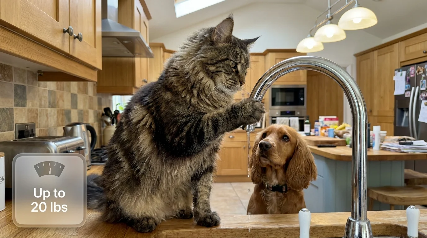 A large Maine Coon cat standing next to a spaniel dog in a kitchen, showing its impressive size.