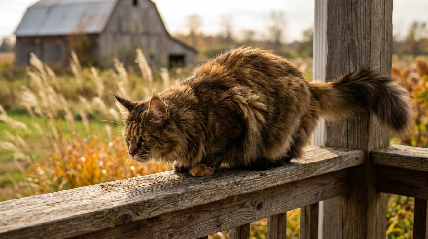 A large Maine Coon cat with tufted ears crouching on a wooden porch railing, looking into a yard.