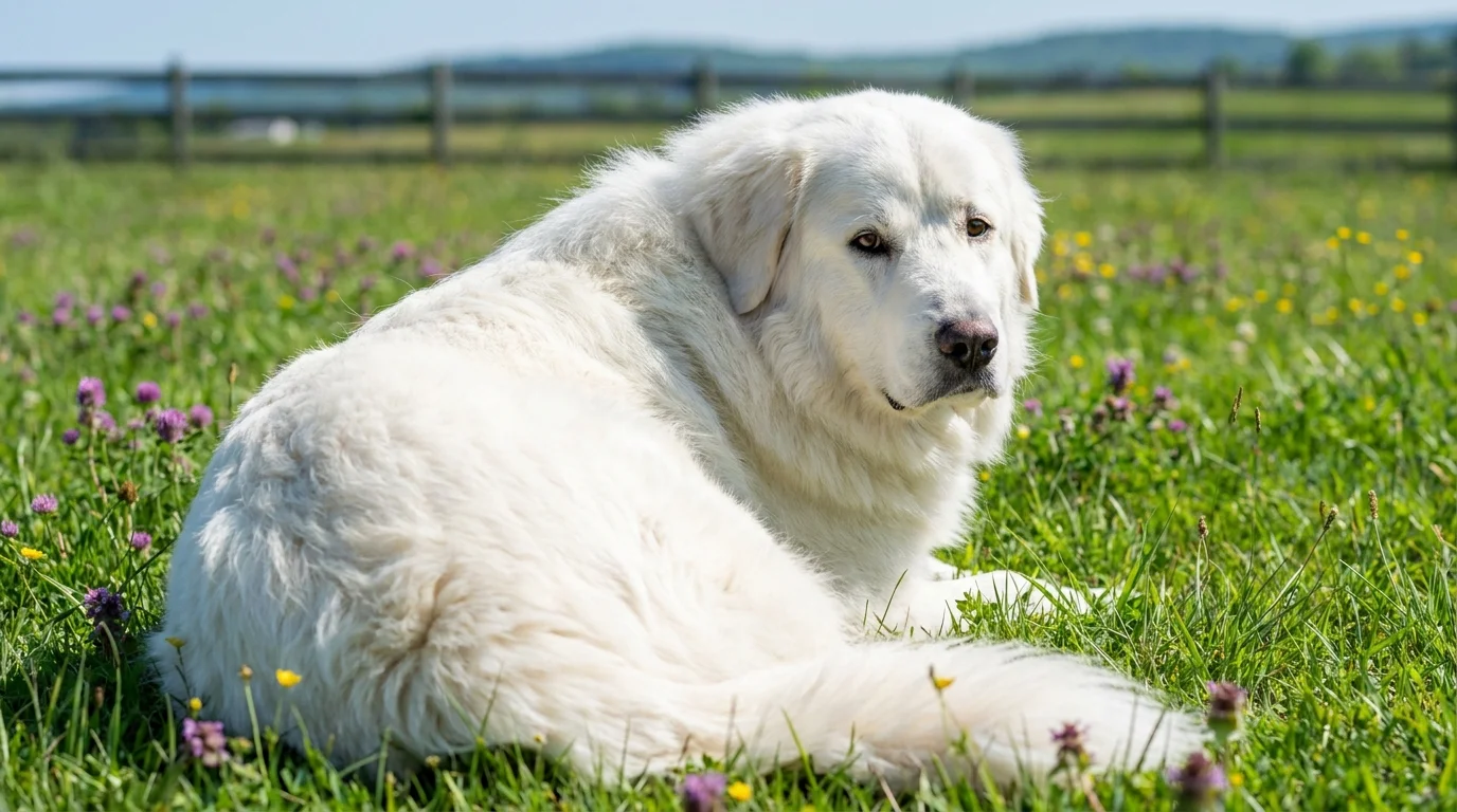 A large, white Great Pyrenees dog lying in a green meadow and looking back calmly.