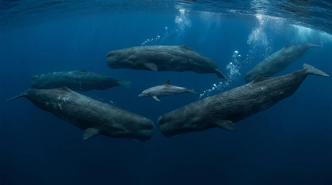 A lone bottlenose dolphin swims closely with a pod of giant sperm whales in the deep blue ocean.