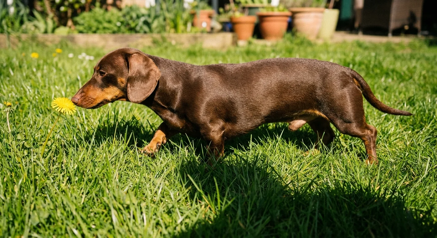 A long-bodied Dachshund walking through green grass at ground level.