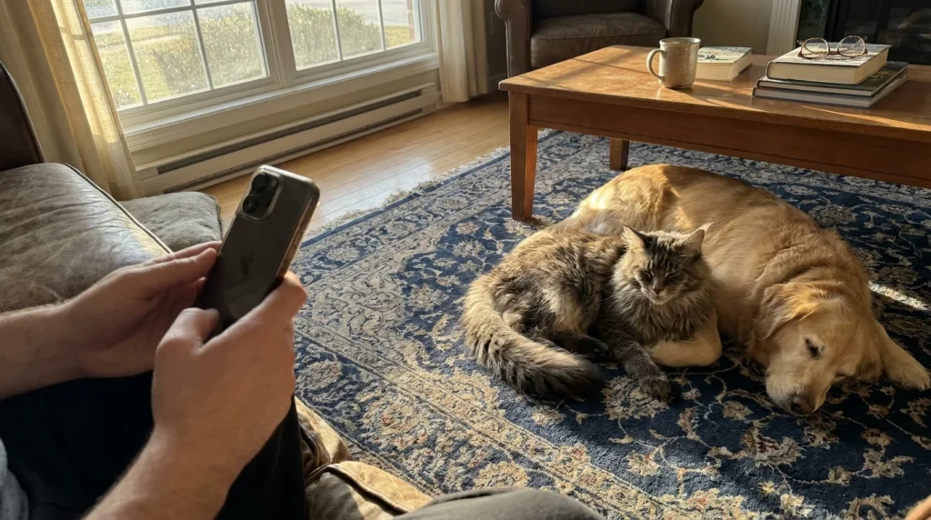 A Maine Coon cat and a Golden Retriever dog napping together on a rug in a sunlit living room.