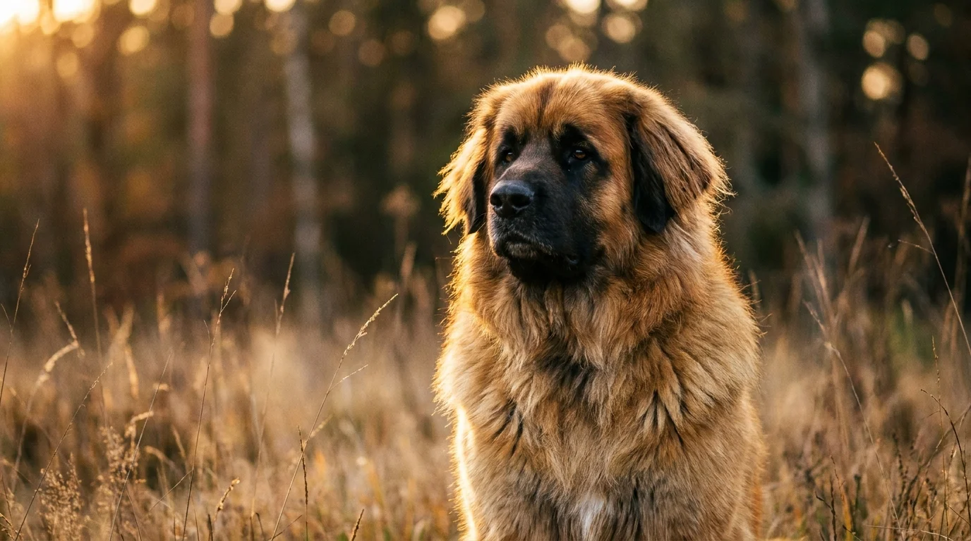 A majestic Leonberger with a lion-like mane sitting in a golden field at sunset.