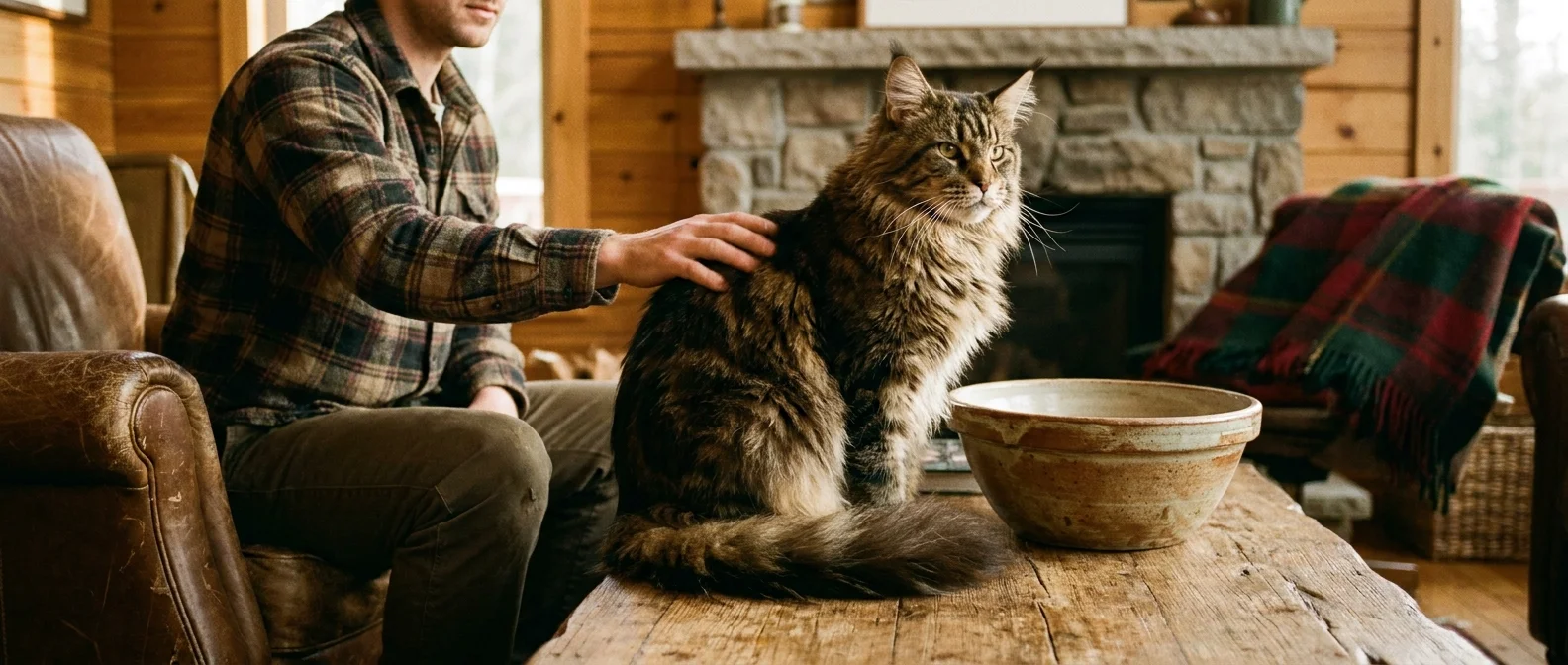 A massive, long-haired Maine Coon cat sitting on a coffee table next to a person, showing its large size.