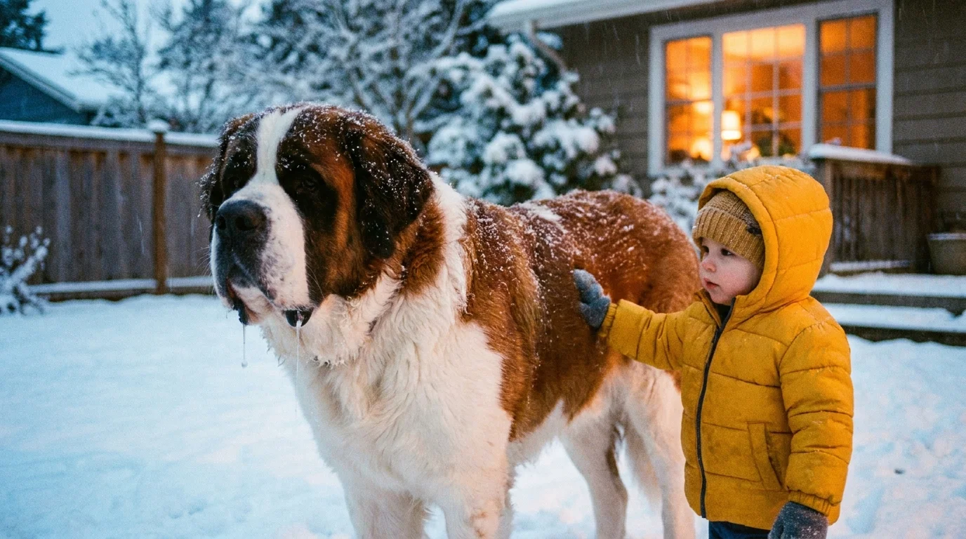 A massive Saint Bernard standing in the snow next to a small child, illustrating its gentle family nature.