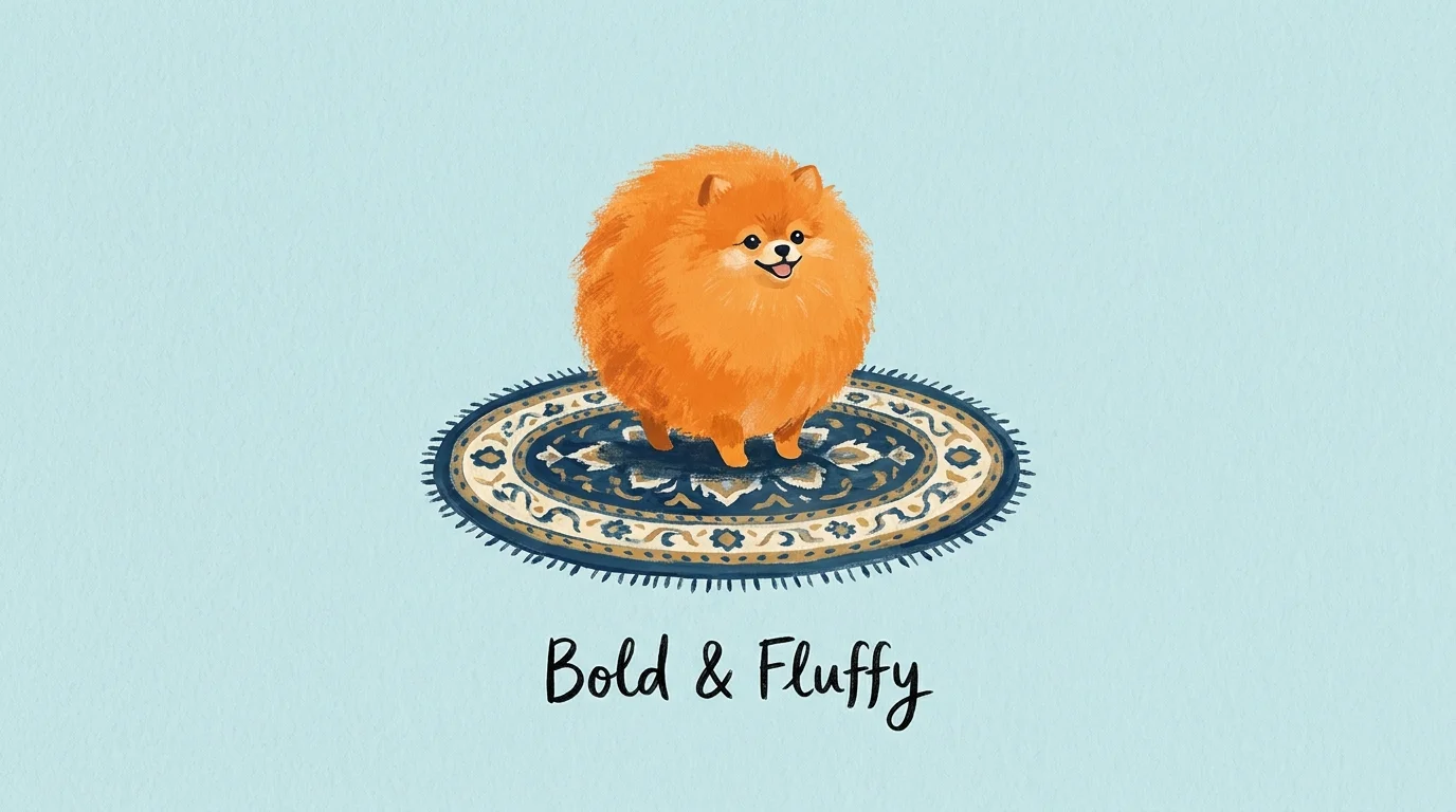 A minimalist gouache illustration of an orange Pomeranian looking like a perfectly round fluffball.