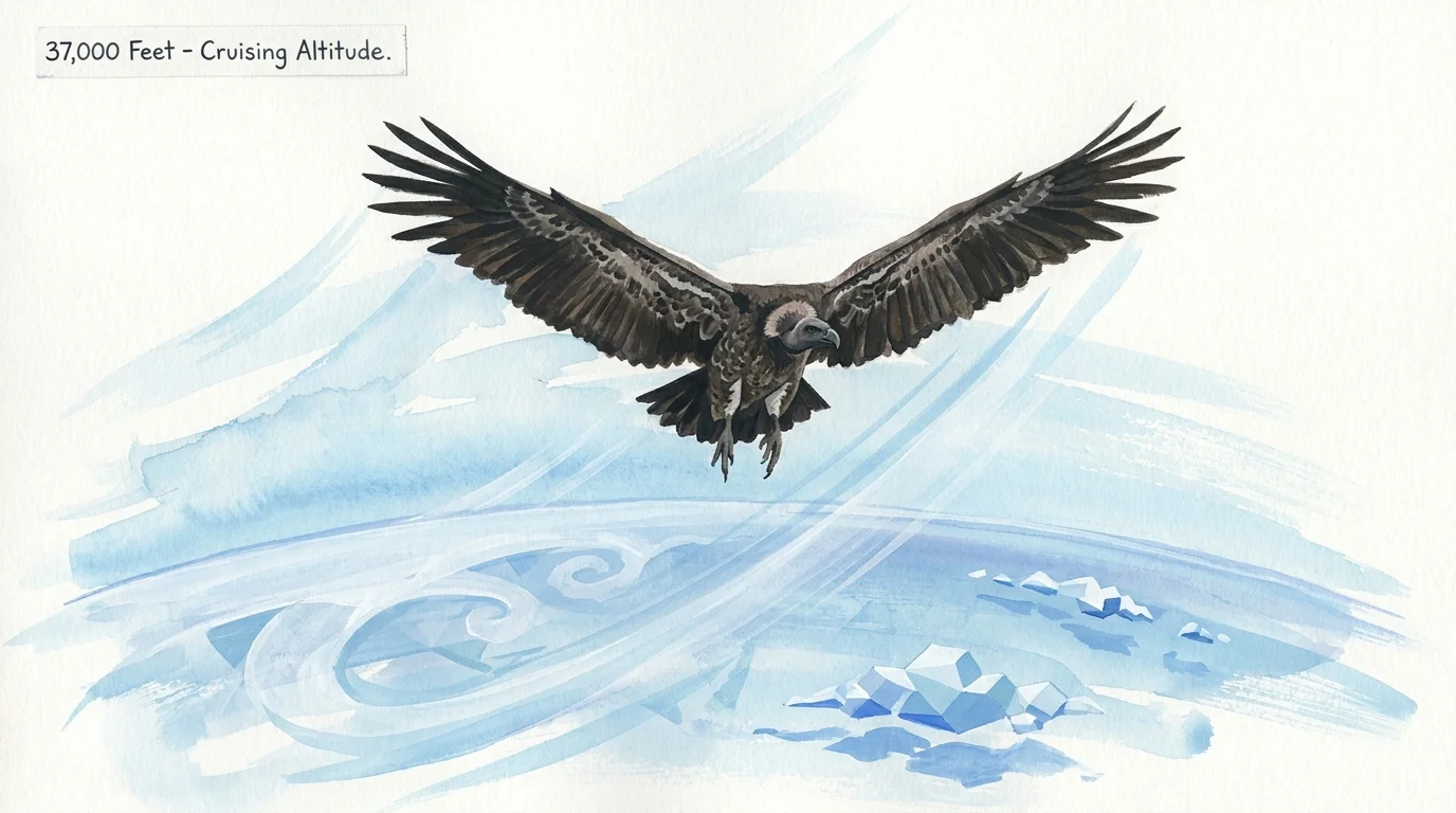 A minimalist illustration of a vulture flying extremely high above the clouds with the curve of the Earth visible below.
