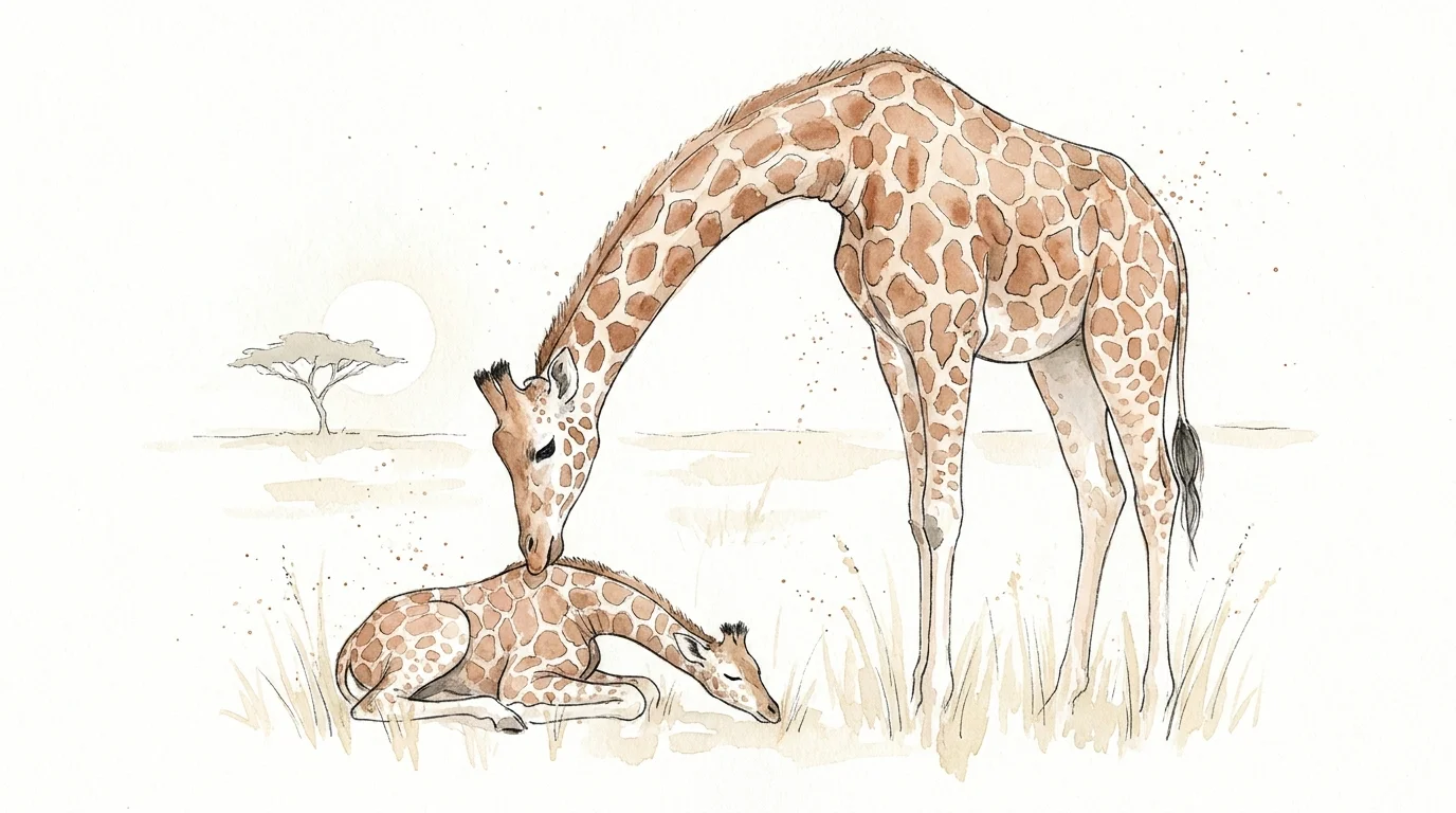 A minimalist watercolor of a mother giraffe bending her long neck low to nuzzle her deceased calf.