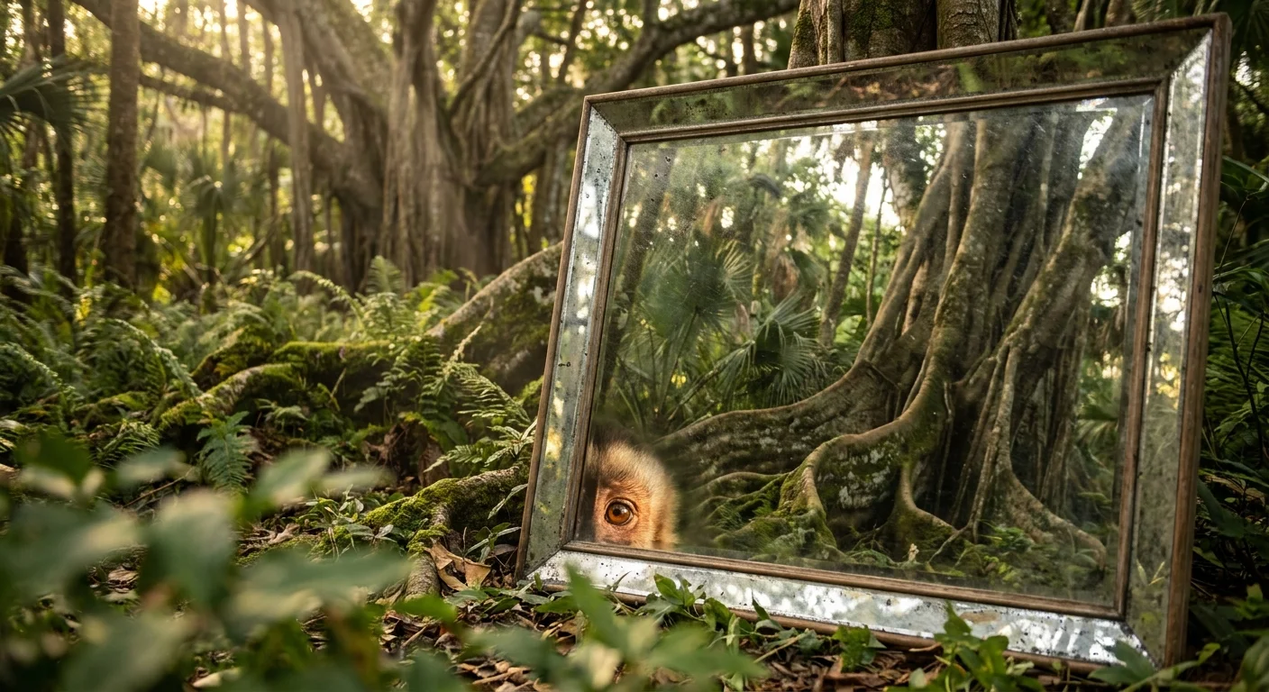 A mirror standing in a sunlit forest clearing, reflecting a curious animal eye in the glass.