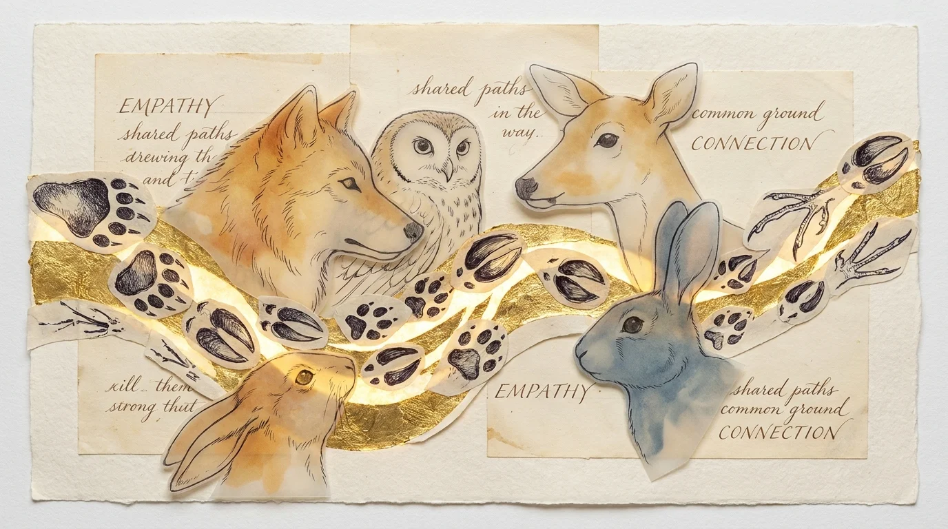 A mixed media artwork of different animal tracks converging on a gold path, with translucent animal silhouettes.