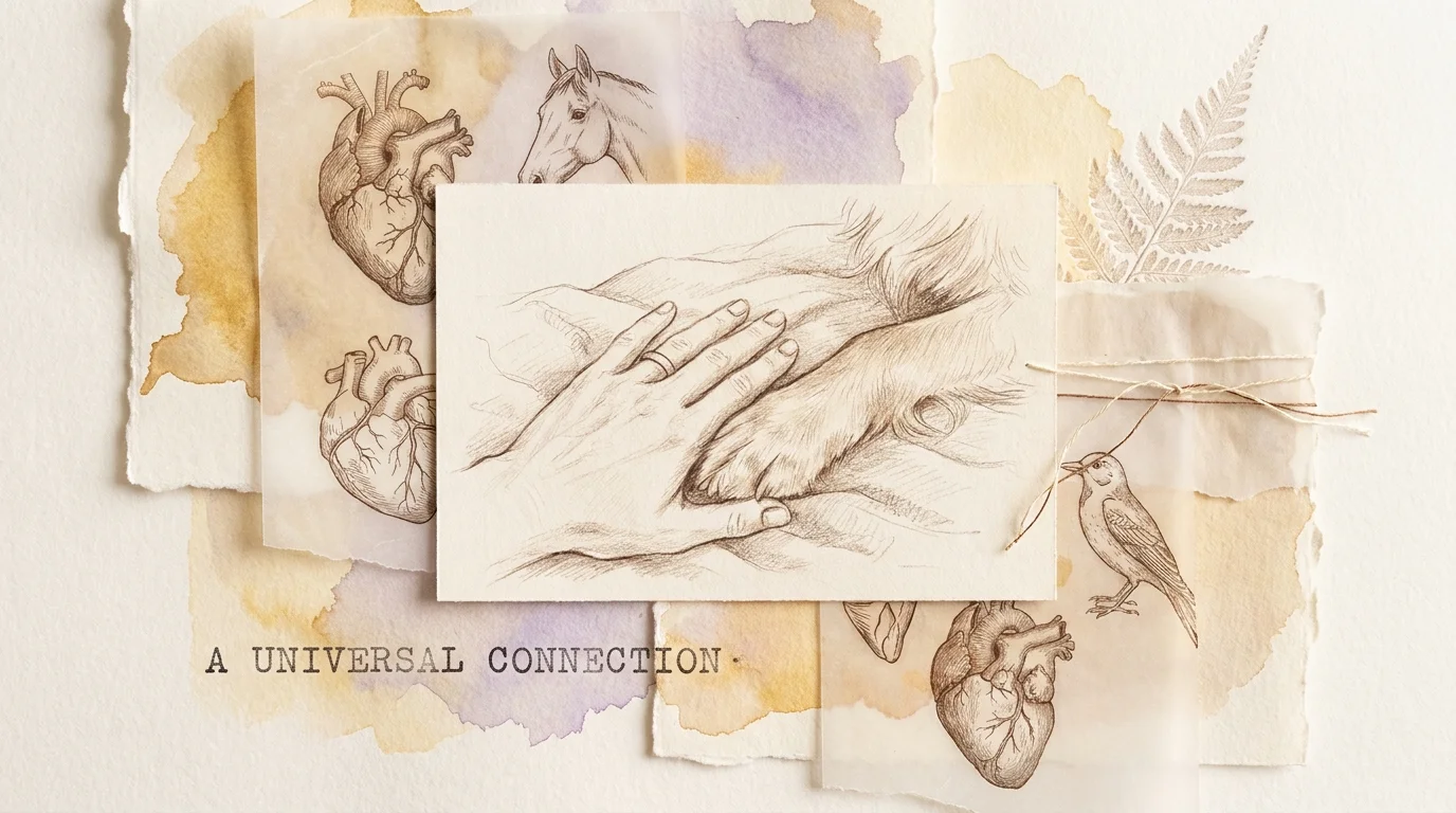 A mixed-media collage showing a human hand and an animal paw, symbolizing our shared emotional bond.