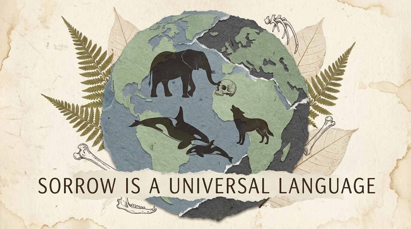 A mixed-media collage with animal silhouettes and the text 'Sorrow is a Universal Language' on a textured, earth-toned background.