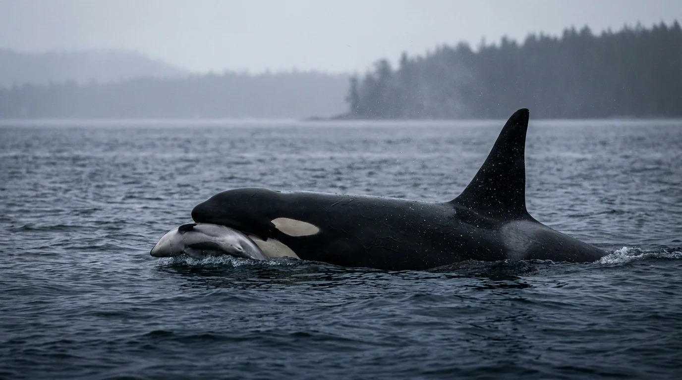A mother orca carries her deceased calf on her snout in the cold, grey waters of the Pacific Northwest.