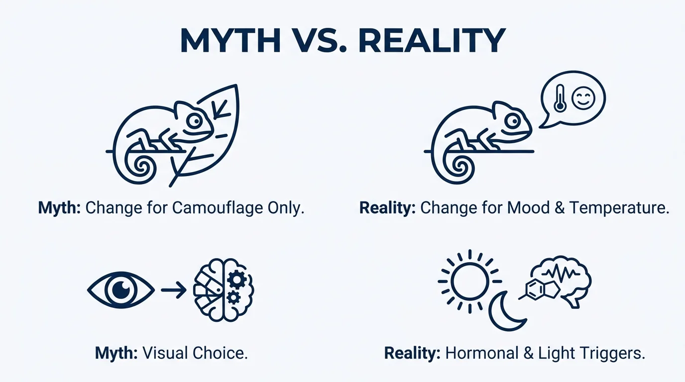 A myth-vs-reality infographic explaining that chameleons change color for mood and temperature, not just camouflage.