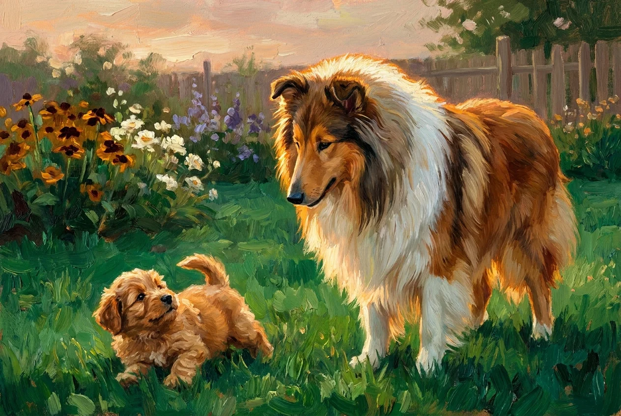 A nostalgic gouache illustration of a large Rough Collie gently watching over a small puppy in a green garden.