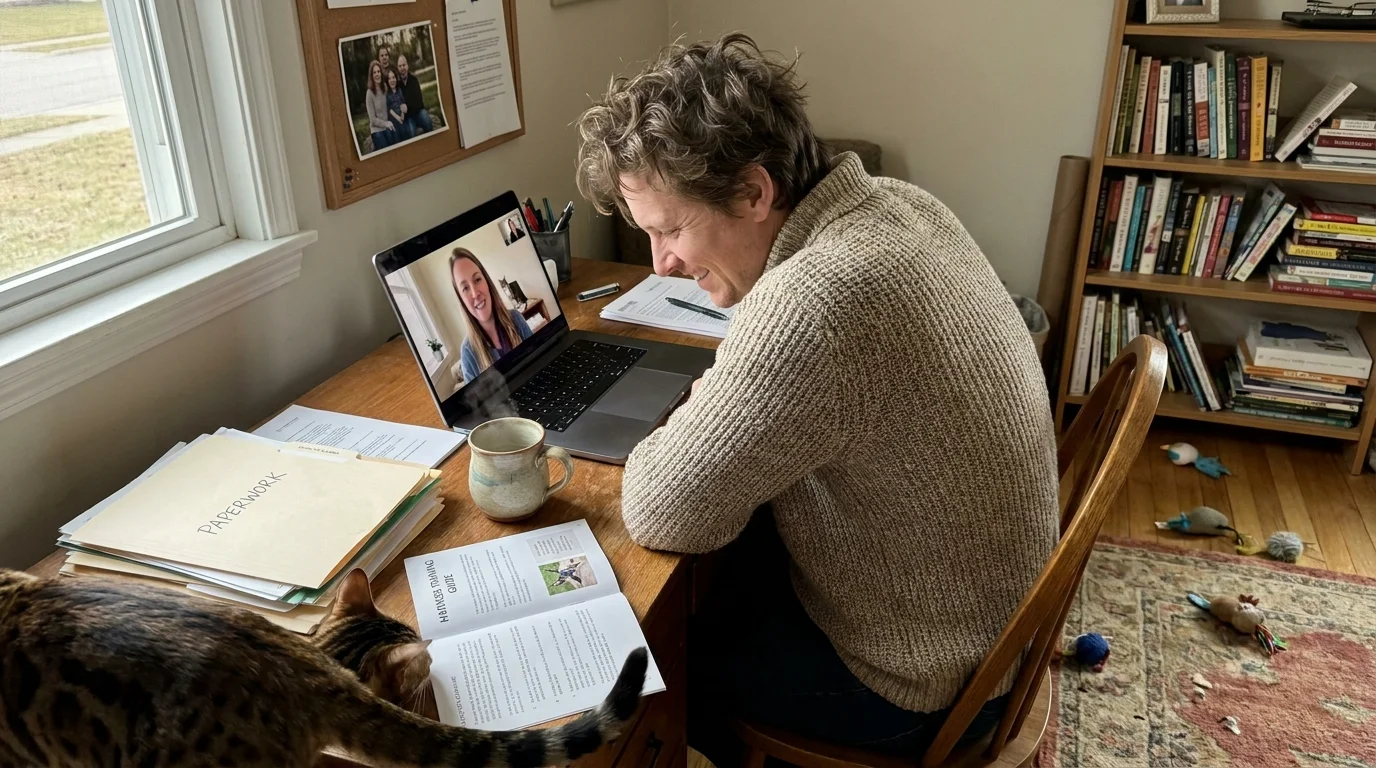 A person at a home desk having a video consultation with a cat expert, while their cat sits nearby.