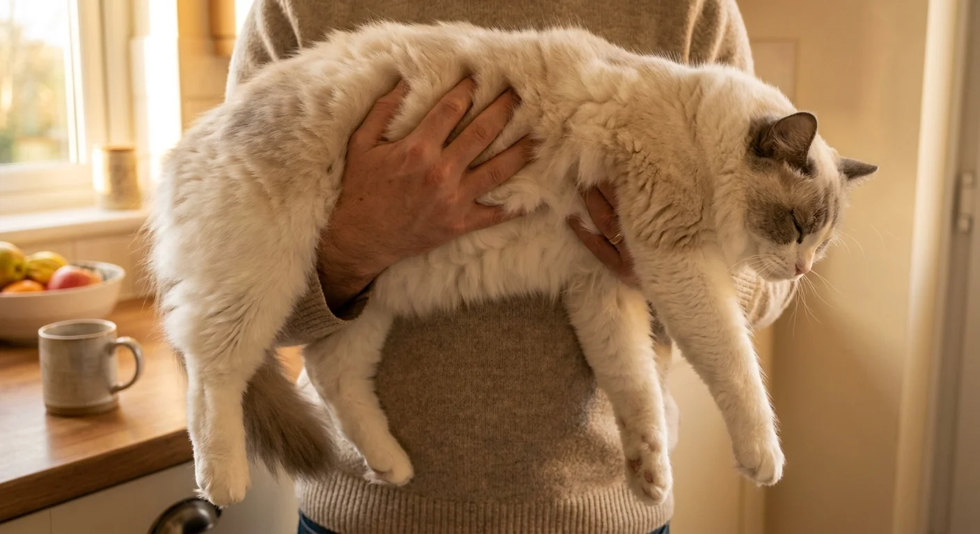 A person holding a large Ragdoll cat that has gone completely limp and relaxed in their arms, showing its docile nature.
