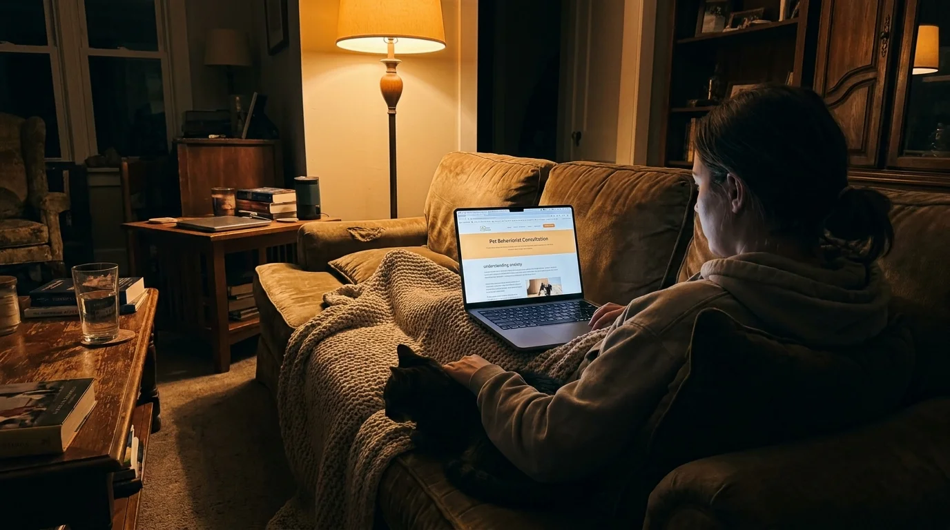A person on a laptop looking for a pet behaviorist while sitting with their cat on a couch.