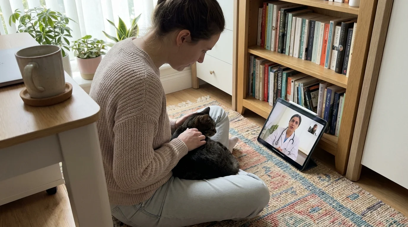 A person sits at home with their cat, consulting a veterinarian via a tablet for advice on grieving pets.